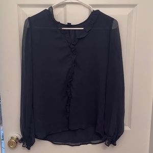 Ann Taylor Navy Long Sleeve Blouse With Ruffles, XS